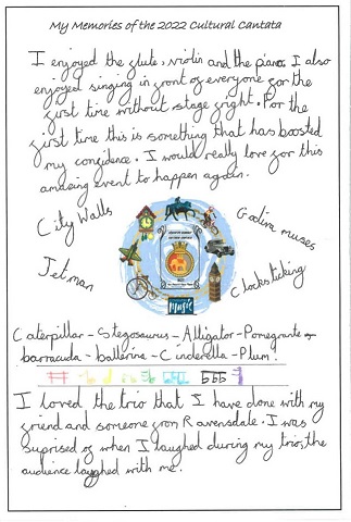 children's written and illustrted feedback from cultural cantata 2022