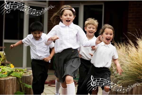 Young children in uniform running out