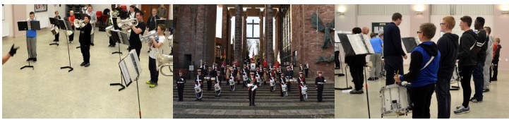 Images of children and young people playing instruments in a marching band