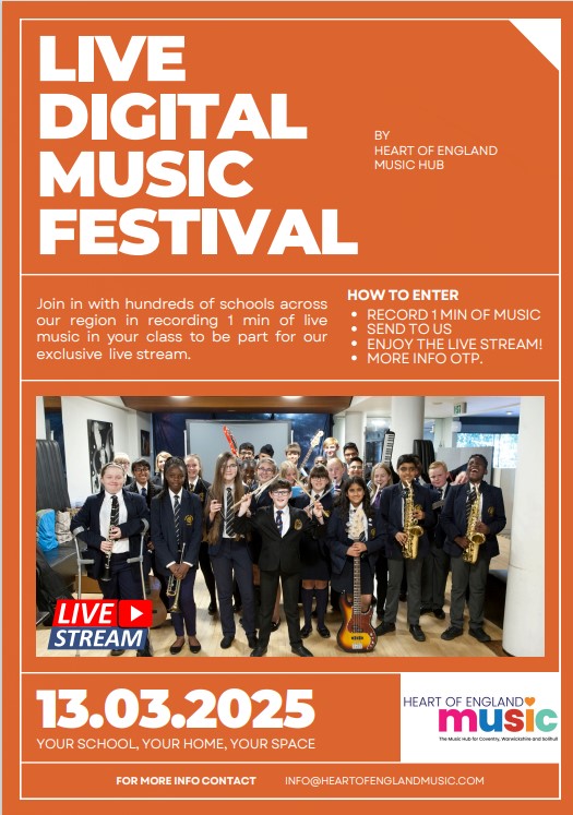 event flyer with image of secondary school children holding musical instruments