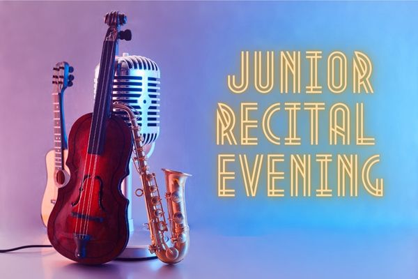 Musical instruments on blue background for junior recital evening